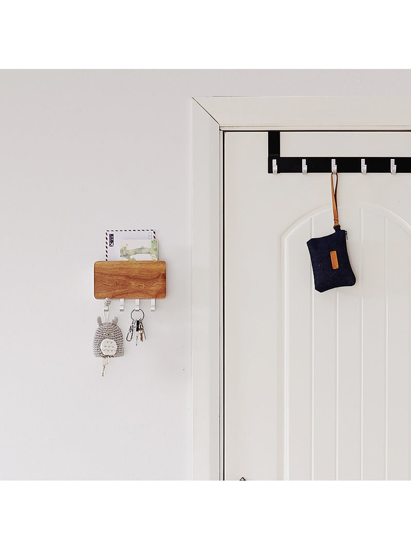 Oak and Metal Wall - Mounted Key Holder with Storage Shelf, Decorative Organizer