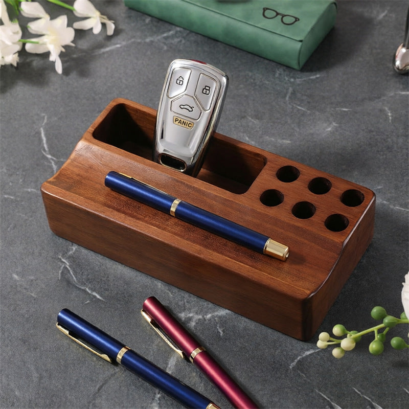 Solid Walnut Wooden Executive Desk Organizer- Pen Holder & Valet Tray &Business Card Holder For Office Desk & Bedside Dresser
