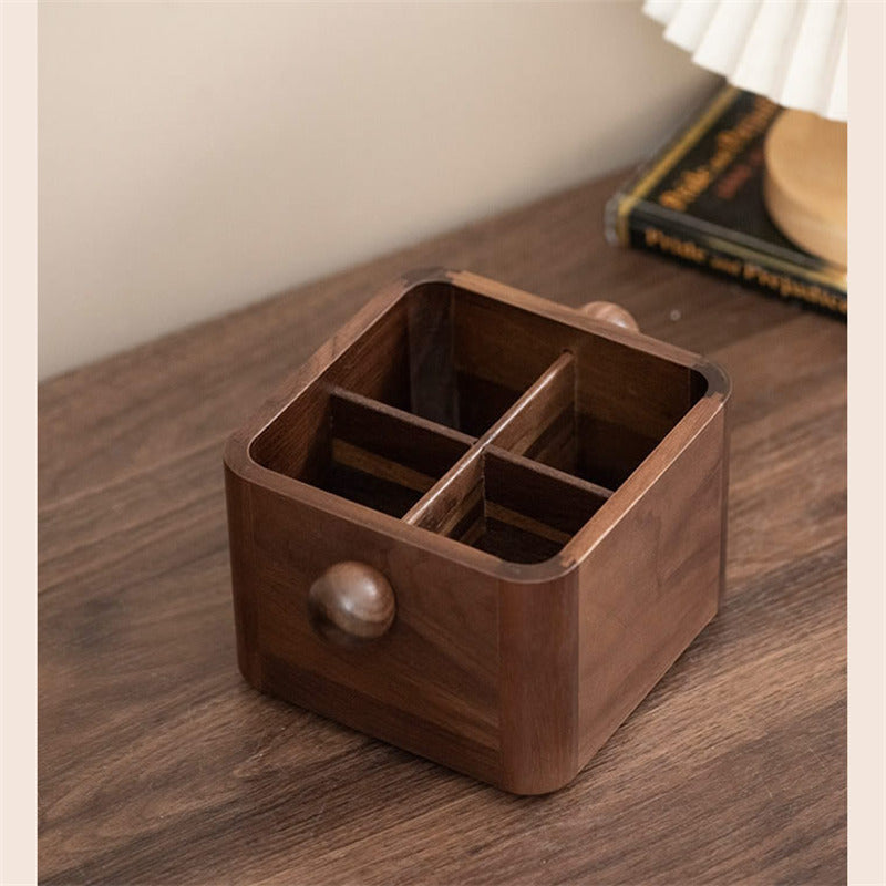 Solid Walnut Wooden Remote Control Holder,Multi-Grid Desktop Organizer Box,Office Pen Holder