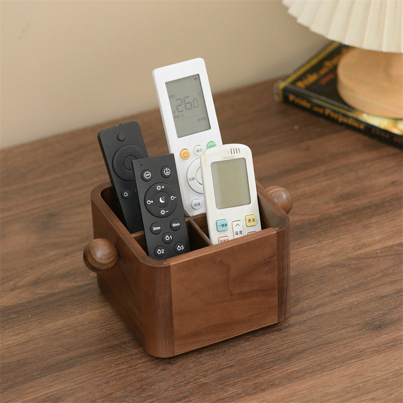 Solid Walnut Wooden Remote Control Holder,Multi-Grid Desktop Organizer Box,Office Pen Holder