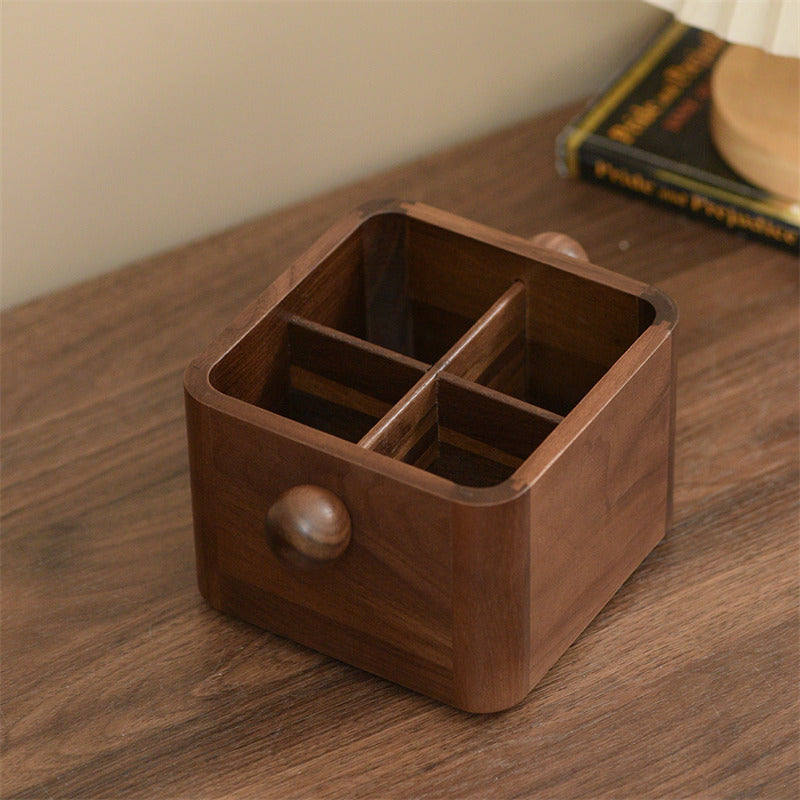 Solid Walnut Wooden Remote Control Holder,Multi-Grid Desktop Organizer Box,Office Pen Holder