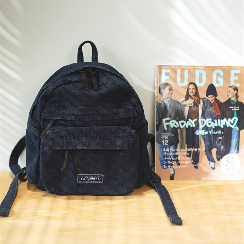 Vintage Dark-Wash Denim Mini Backpack – Rugged Y2K Streetwear Rucksack with Multi-Zipper Pockets – Durable Daily Travel Bag & Aesthetic School Pack