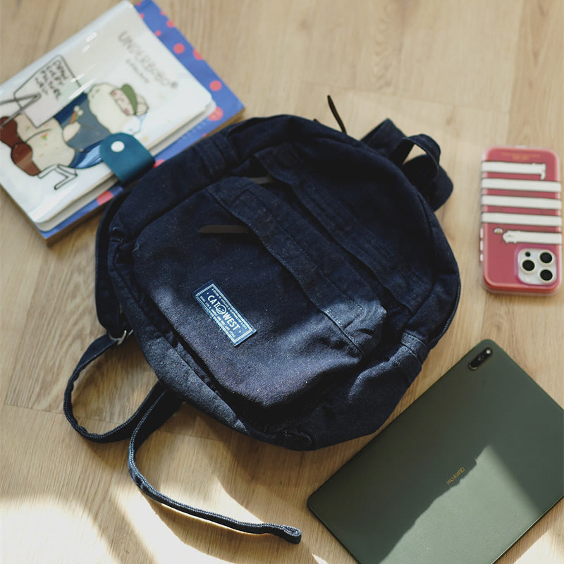 Vintage Dark-Wash Denim Mini Backpack – Rugged Y2K Streetwear Rucksack with Multi-Zipper Pockets – Durable Daily Travel Bag & Aesthetic School Pack