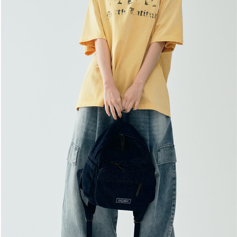 Vintage Dark-Wash Denim Mini Backpack – Rugged Y2K Streetwear Rucksack with Multi-Zipper Pockets – Durable Daily Travel Bag & Aesthetic School Pack