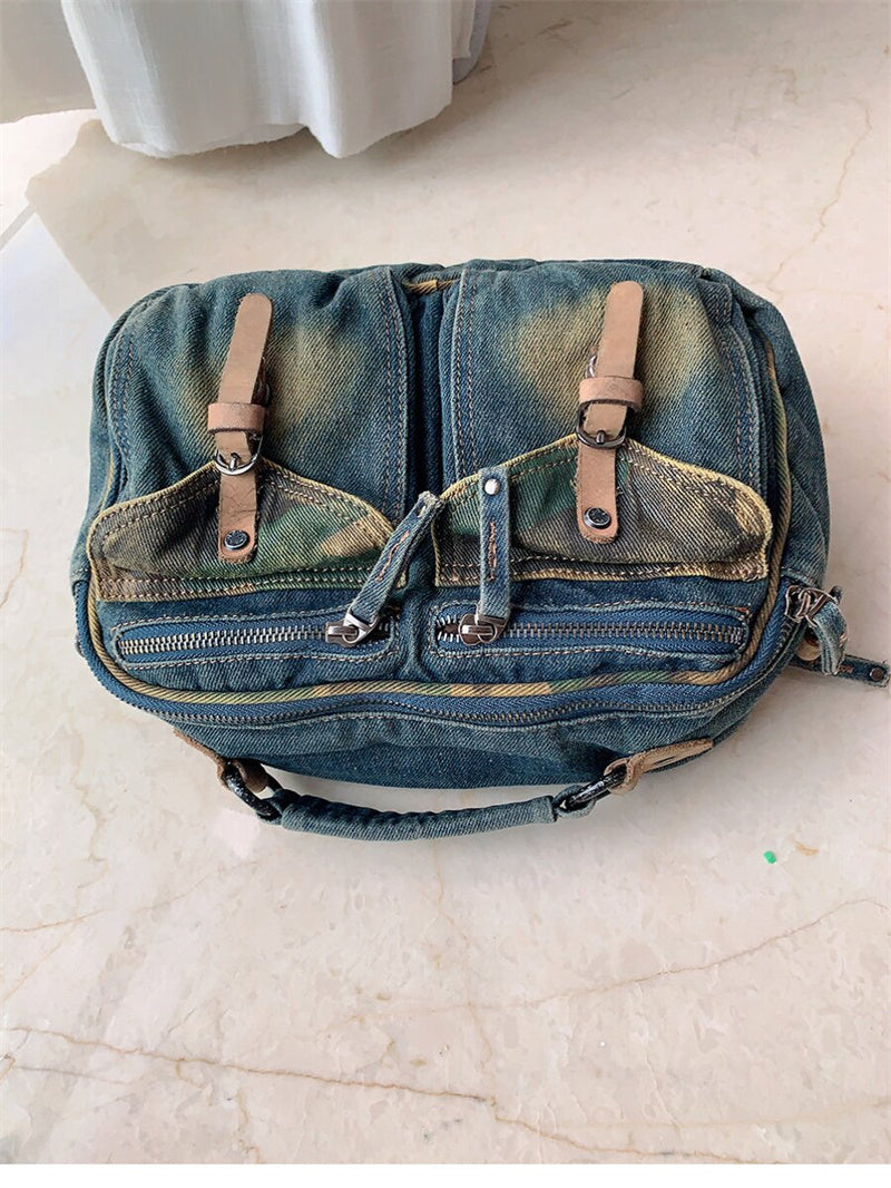 Vintage Denim Multi-Pocket Messenger Bag – Retro Distressed Denim Crossbody  – Aesthetic Streetwear Shoulder Bag for School & Travel