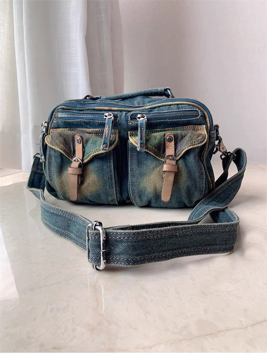 Vintage Denim Multi-Pocket Messenger Bag – Retro Distressed Denim Crossbody  – Aesthetic Streetwear Shoulder Bag for School & Travel
