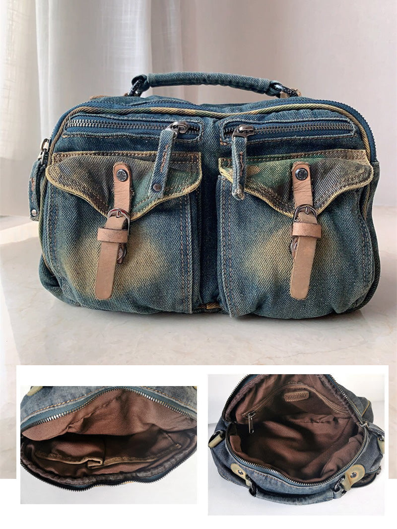 Vintage Denim Multi-Pocket Messenger Bag – Retro Distressed Denim Crossbody  – Aesthetic Streetwear Shoulder Bag for School & Travel