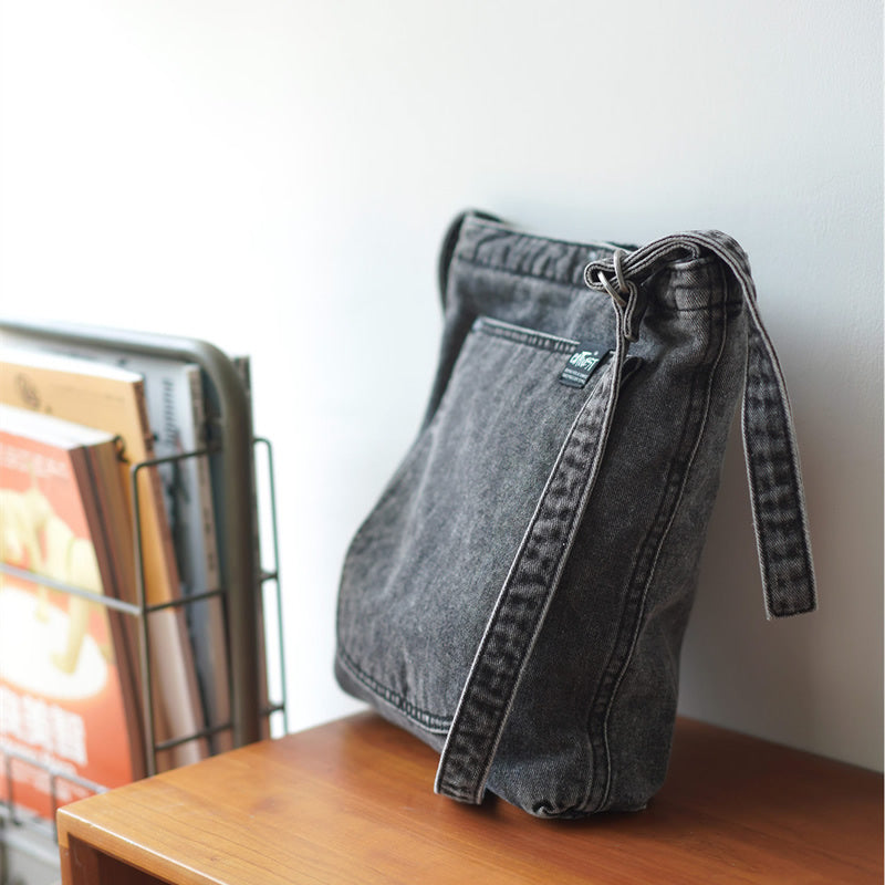 Vintage Denim Tote Bag – Unique Jean Shoulder Bag with Front Pocket – Durable Daily Crossbody Shopper for School, Work & Travel