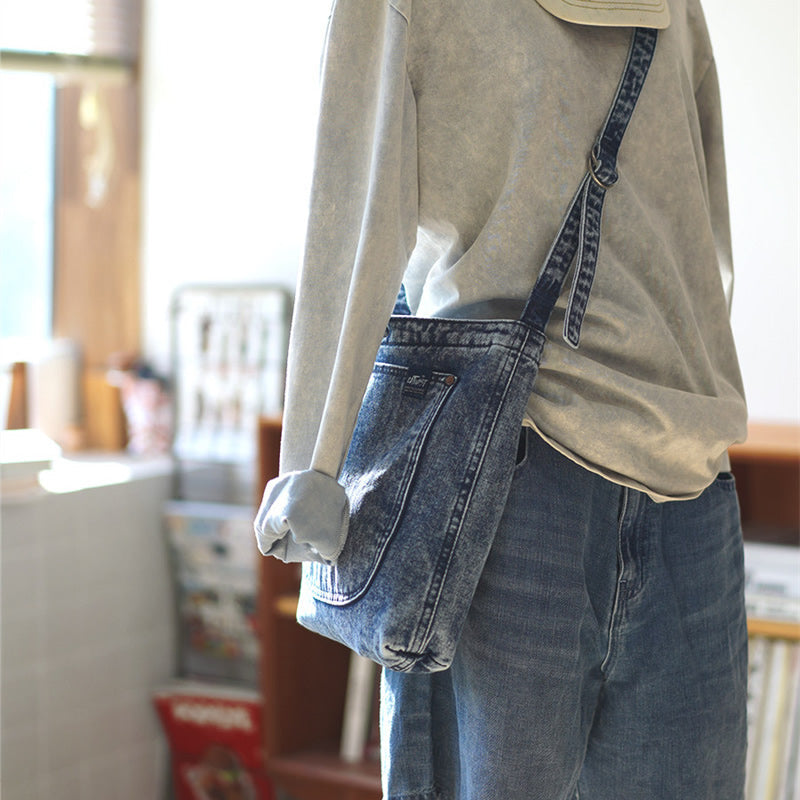 Vintage Denim Tote Bag – Unique Jean Shoulder Bag with Front Pocket – Durable Daily Crossbody Shopper for School, Work & Travel