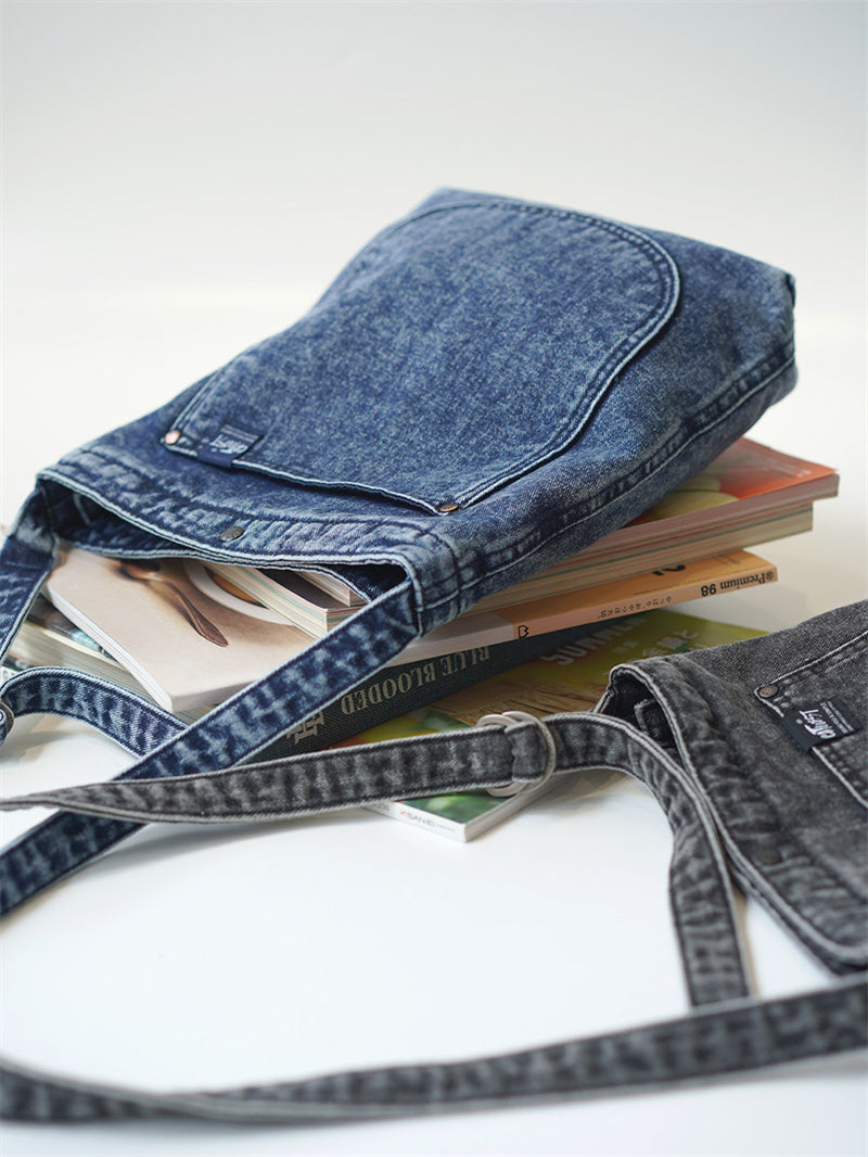 Vintage Denim Tote Bag – Unique Jean Shoulder Bag with Front Pocket – Durable Daily Crossbody Shopper for School, Work & Travel