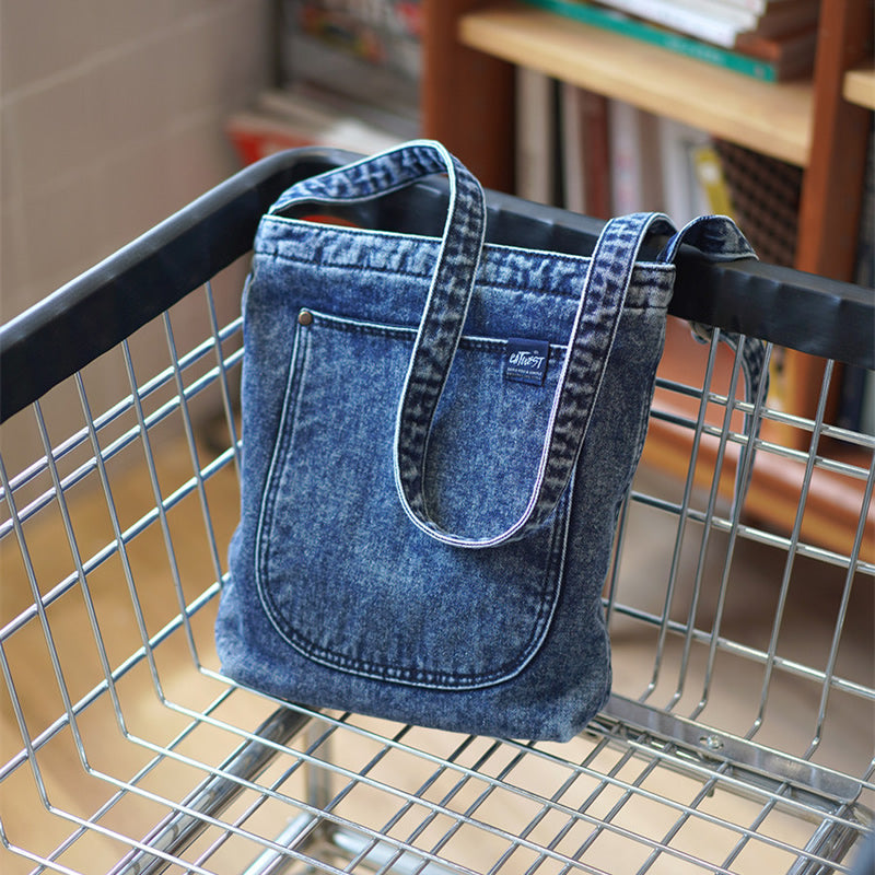 Vintage Denim Tote Bag – Unique Jean Shoulder Bag with Front Pocket – Durable Daily Crossbody Shopper for School, Work & Travel