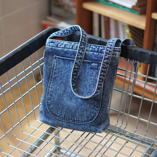Vintage Denim Tote Bag – Unique Jean Shoulder Bag with Front Pocket – Durable Daily Crossbody Shopper for School, Work & Travel