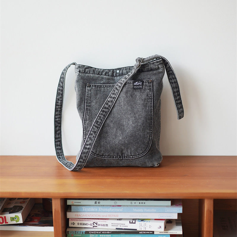 Vintage Denim Tote Bag – Unique Jean Shoulder Bag with Front Pocket – Durable Daily Crossbody Shopper for School, Work & Travel