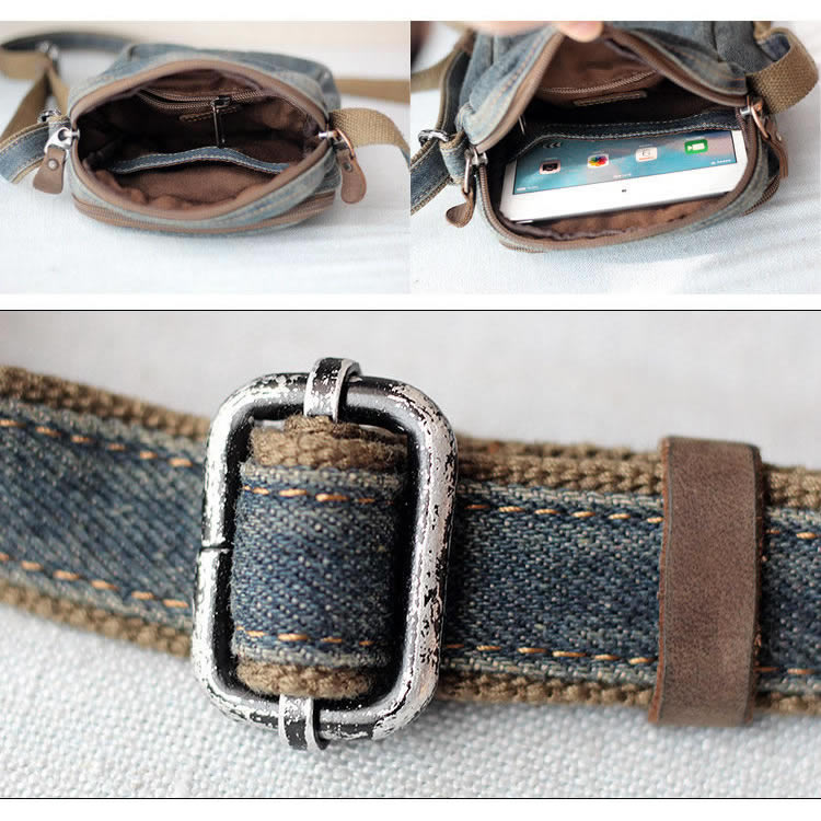 Vintage Distressed Denim Small Messenger Bag – Retro Shoulder Pouch with Multi-Pocket Organizer – Aesthetic Crossbody Travel Bag for Men & Women