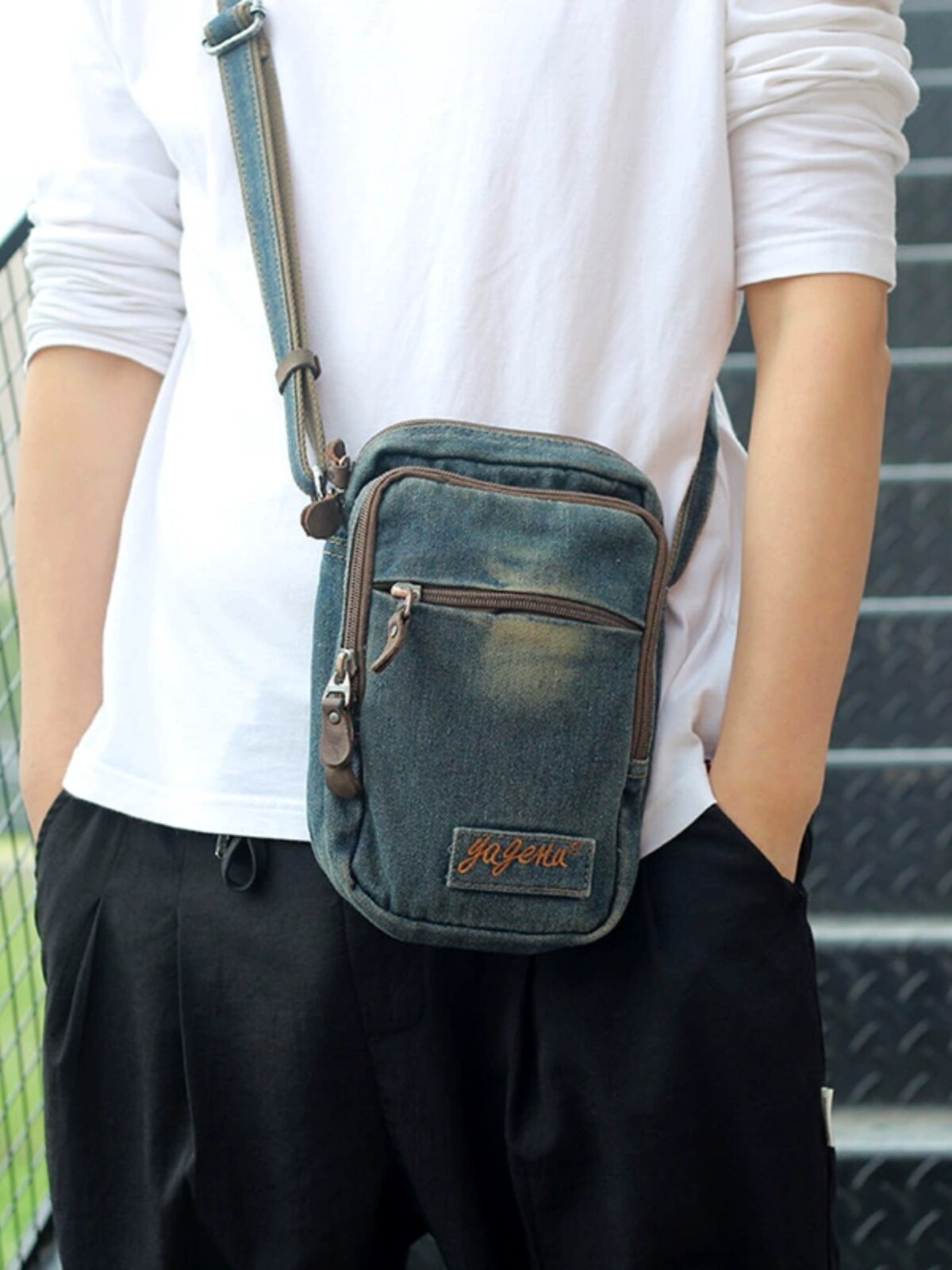 Vintage Distressed Denim Small Messenger Bag – Retro Shoulder Pouch with Multi-Pocket Organizer – Aesthetic Crossbody Travel Bag for Men & Women