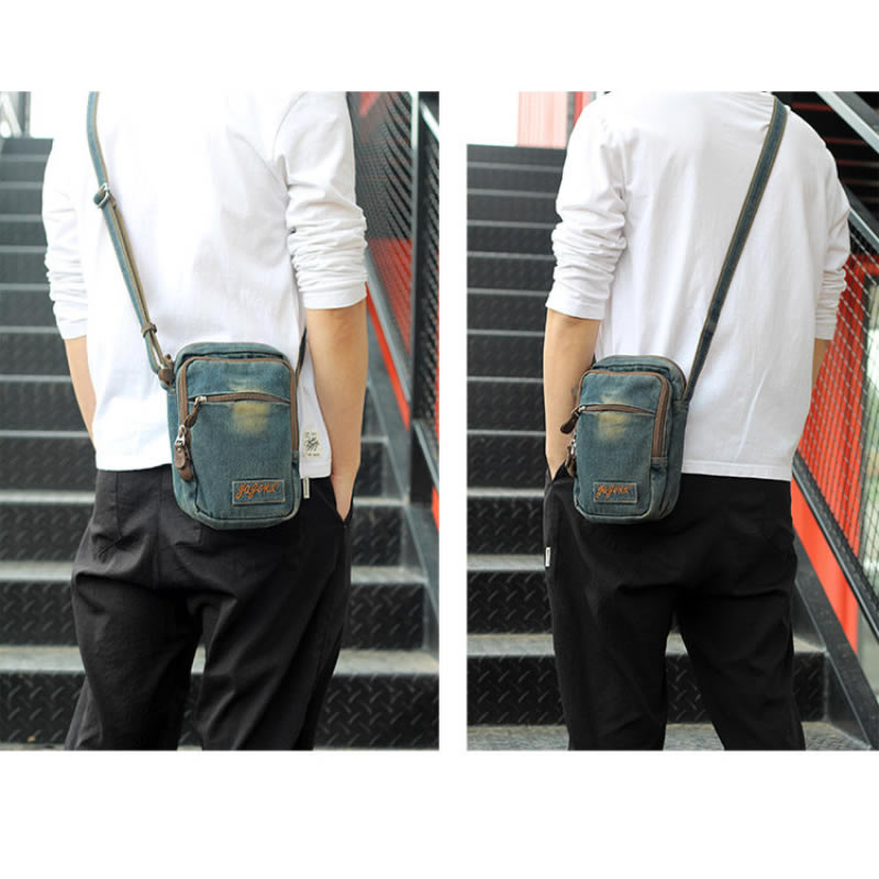 Vintage Distressed Denim Small Messenger Bag – Retro Shoulder Pouch with Multi-Pocket Organizer – Aesthetic Crossbody Travel Bag for Men & Women