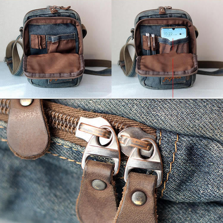 Vintage Distressed Denim Small Messenger Bag – Retro Shoulder Pouch with Multi-Pocket Organizer – Aesthetic Crossbody Travel Bag for Men & Women