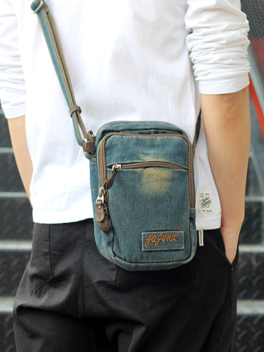 Vintage Distressed Denim Small Messenger Bag – Retro Shoulder Pouch with Multi-Pocket Organizer – Aesthetic Crossbody Travel Bag for Men & Women