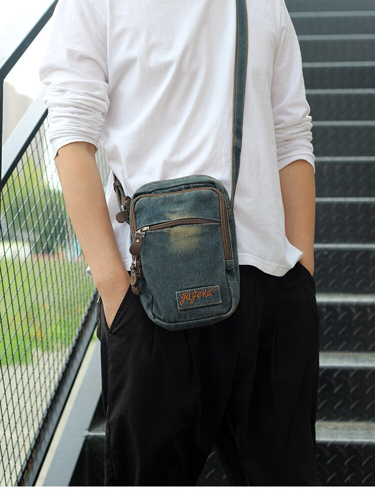 Vintage Distressed Denim Small Messenger Bag – Retro Shoulder Pouch with Multi-Pocket Organizer – Aesthetic Crossbody Travel Bag for Men & Women