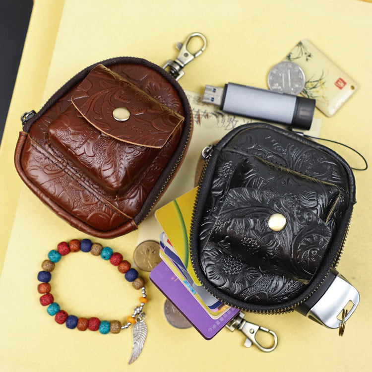 Vintage Floral Embossed Genuine Leather Mini Backpack Key Pouch - Compact Front Pocket Zipper Wallet with Snap Pocket for Belts & Bags