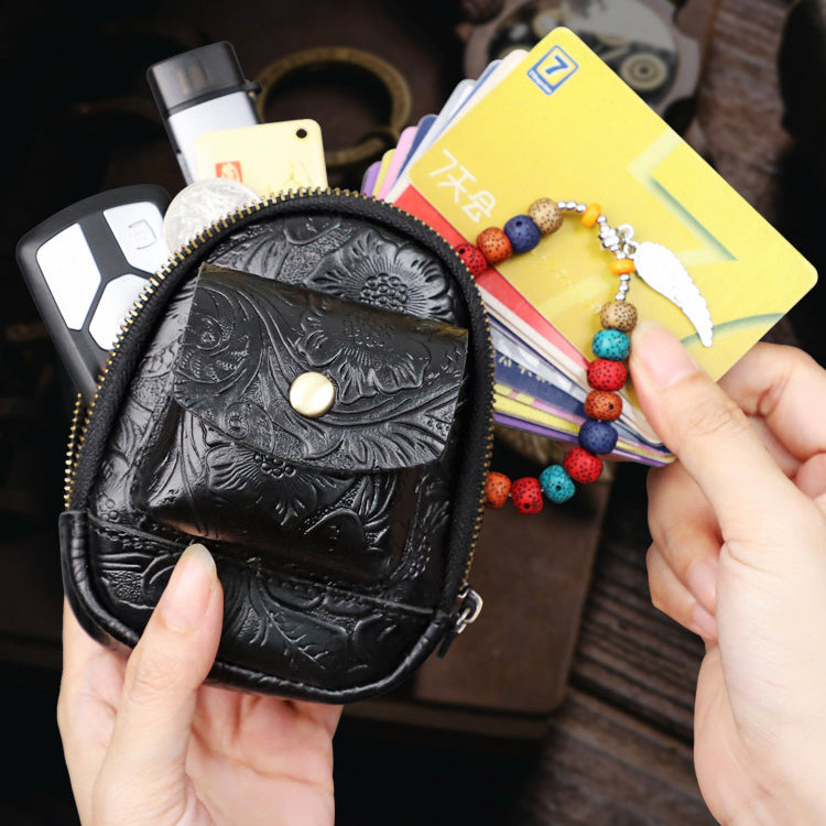 Vintage Floral Embossed Genuine Leather Mini Backpack Key Pouch - Compact Front Pocket Zipper Wallet with Snap Pocket for Belts & Bags