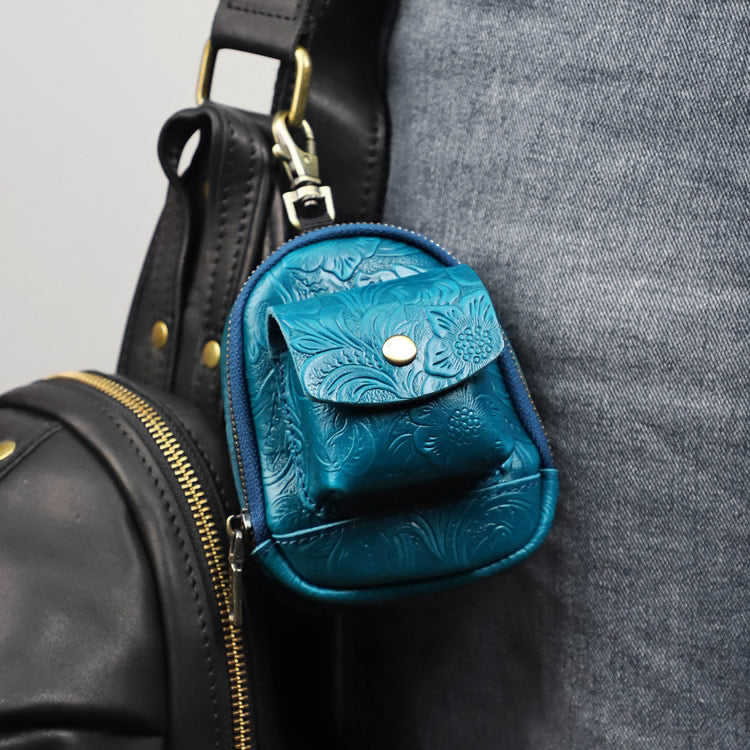 Vintage Floral Embossed Genuine Leather Mini Backpack Key Pouch - Compact Front Pocket Zipper Wallet with Snap Pocket for Belts & Bags