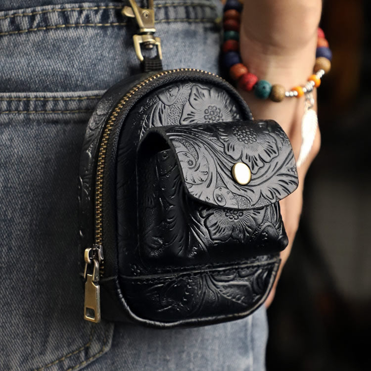 Vintage Floral Embossed Genuine Leather Mini Backpack Key Pouch - Compact Front Pocket Zipper Wallet with Snap Pocket for Belts & Bags