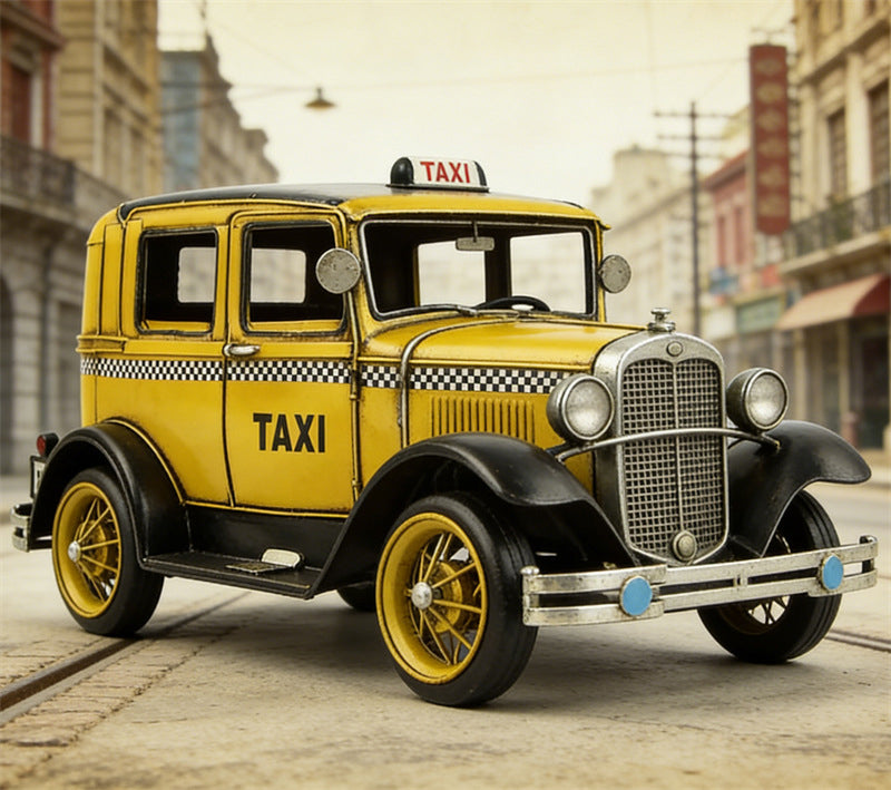 Vintage Yellow Taxi Model - Handmade Iron Retro New York Taxi Decorative Figurine