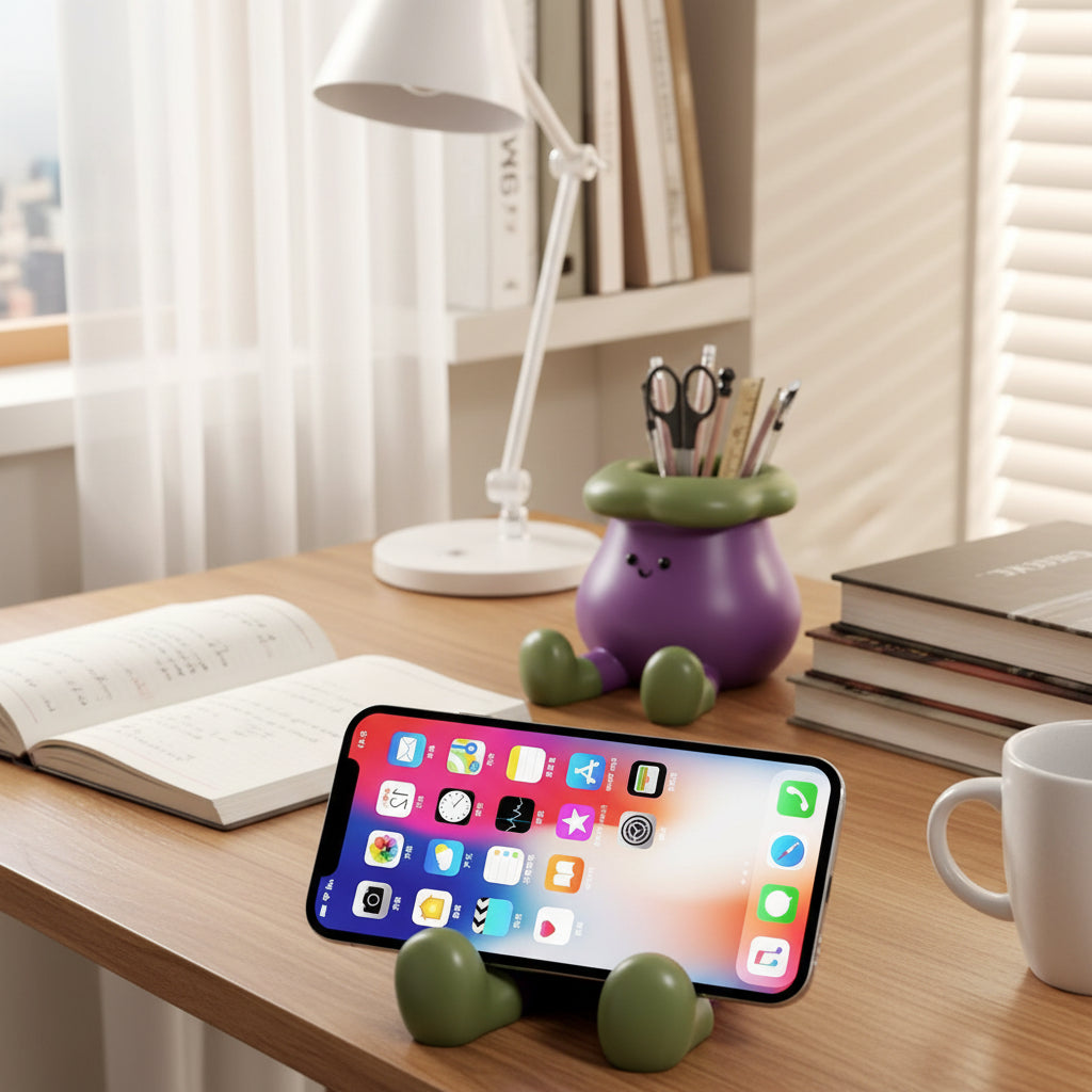 Cute Eggplant-Shaped Pen Holder & Phone Stand - Desktop Organizer for Office & Home
