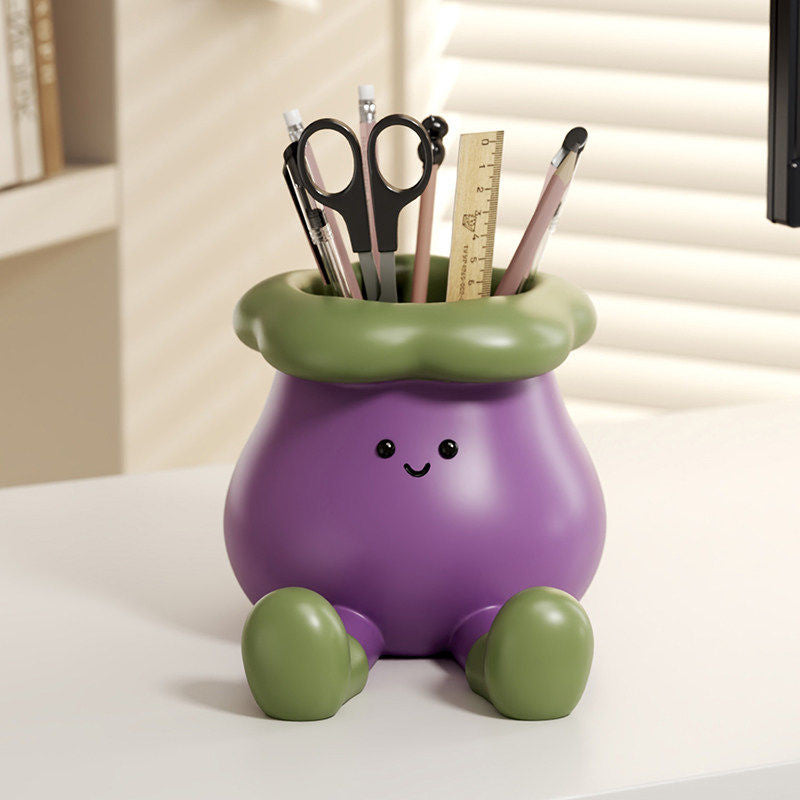 Whimsical Eggplant Stationery Holder & Phone Stand – Purple Vegetable Pen Holder for Home Office, Student Desk, and Unique Gift Giving
