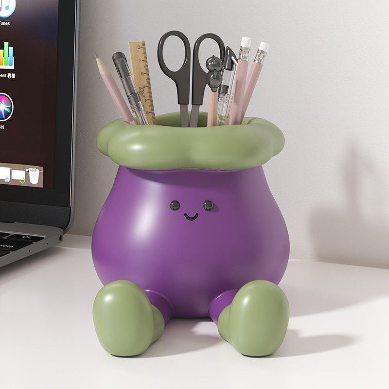 Whimsical Eggplant Stationery Holder & Phone Stand – Purple Vegetable Pen Holder for Home Office, Student Desk, and Unique Gift Giving