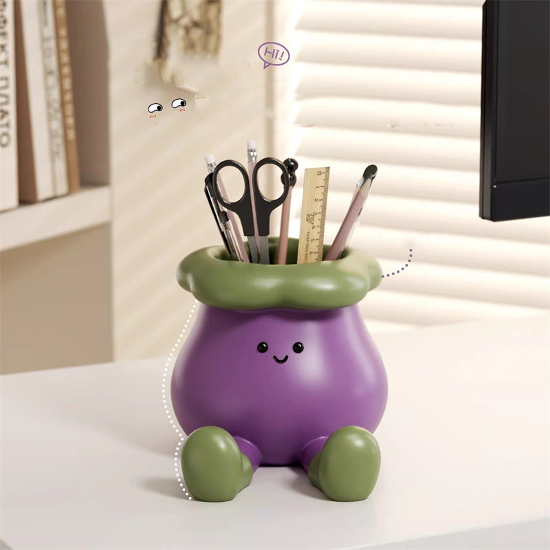 Whimsical Eggplant Stationery Holder & Phone Stand – Purple Vegetable Pen Holder for Home Office, Student Desk, and Unique Gift Giving