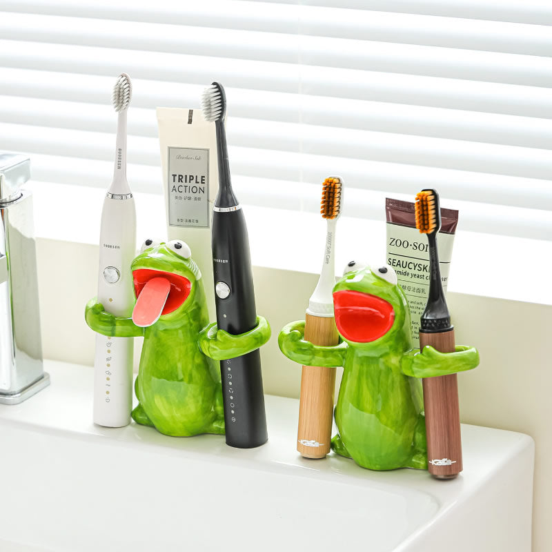 Whimsical Frog Toothbrush Holder & Stand - Cute Ceramic Animal Electric Toothbrush - Funny Bathroom Vanity Decor