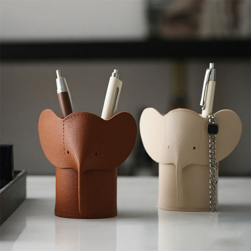 Whimsical Leather Elephant Pen Holder - Minimalist Desktop Organizer & Makeup Brush Storage Container for Office & Vanity Decor