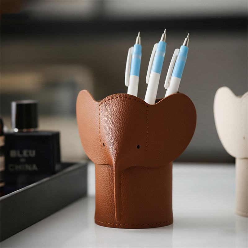 Whimsical Leather Elephant Pen Holder - Minimalist Desktop Organizer & Makeup Brush Storage Container for Office & Vanity Decor