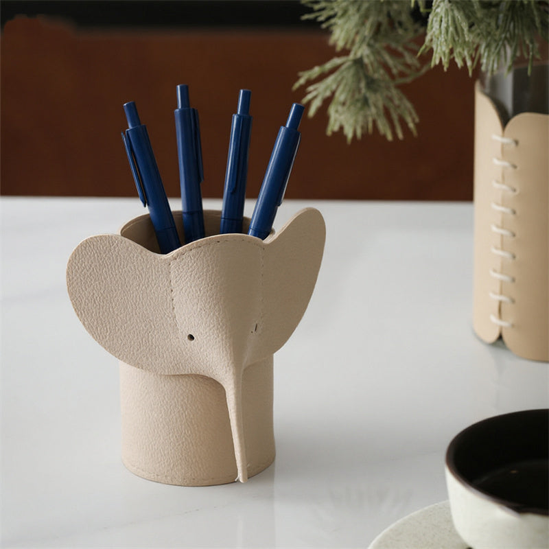 Whimsical Leather Elephant Pen Holder - Minimalist Desktop Organizer & Makeup Brush Storage Container for Office & Vanity Decor