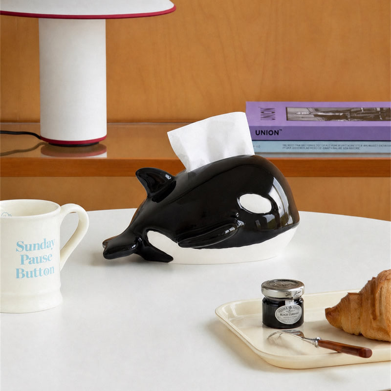 Whimsical Orca Killer Whale Ceramic Tissue Box Cover - Cute Marine Animal Desktop Facial Tissue Dispenser Holder
