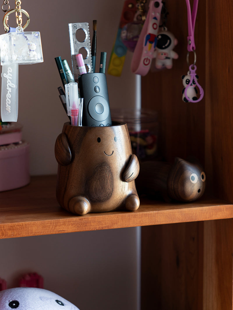 Cute Wooden Monster Desk Organizer, Multi - Function Pen Holder with Clip Storage