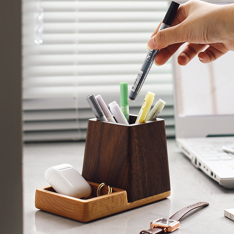 Wooden Desk Organizer - Pen Holder with Small Storage Tray, Natural Walnut & Beech Wood
