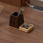 Wooden Desk Organizer - Pen Holder with Small Storage Tray, Natural Walnut & Beech Wood