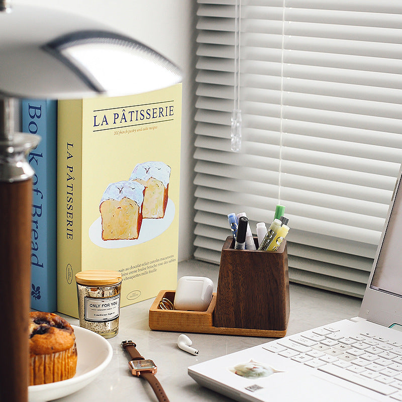 Wooden Desk Organizer - Pen Holder with Small Storage Tray, Natural Walnut & Beech Wood