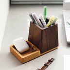 Wooden Desk Organizer - Pen Holder with Small Storage Tray, Natural Walnut & Beech Wood