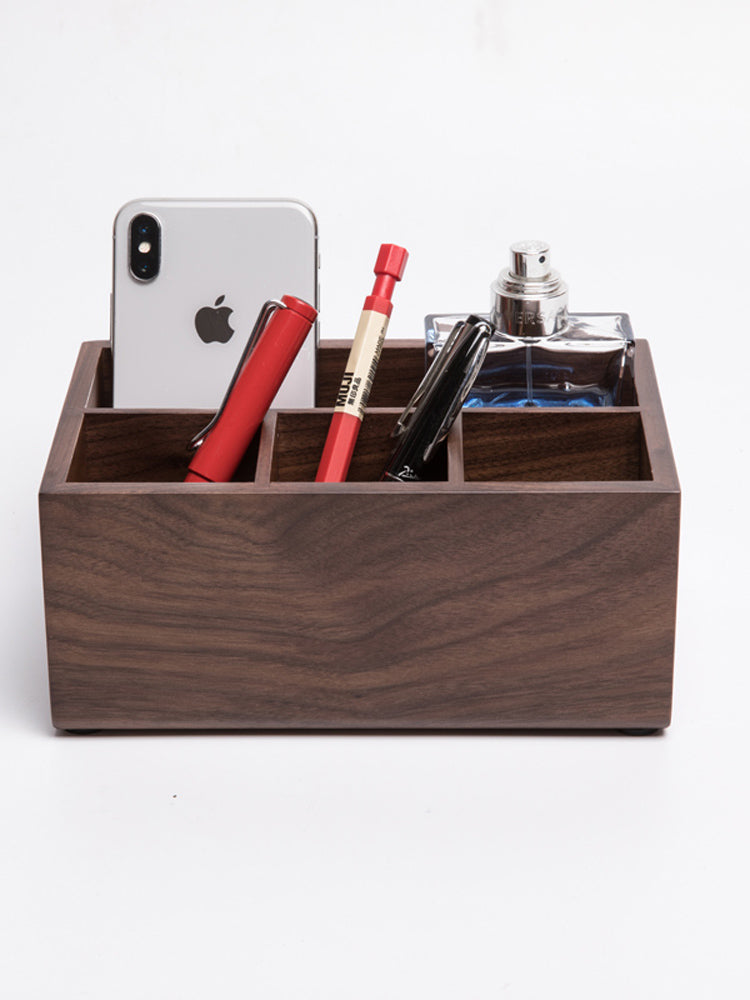 Wooden Desk Organizer with Compartments, Walnut Wood Office Storage Box for Desk Essentials