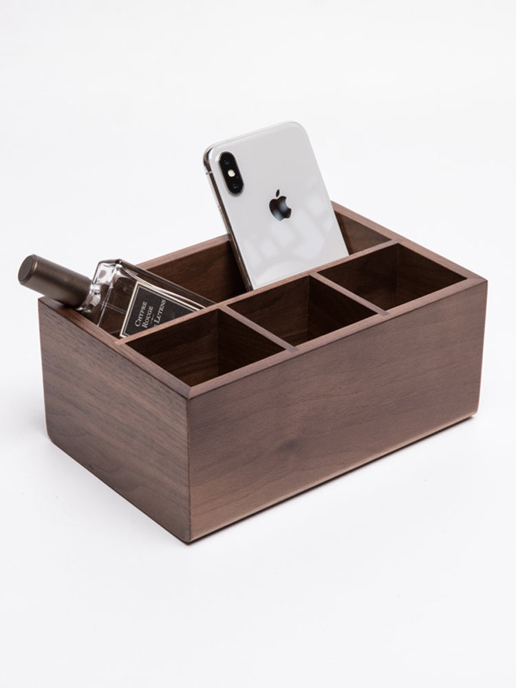 Wooden Desk Organizer with Compartments, Walnut Wood Office Storage Box for Desk Essentials