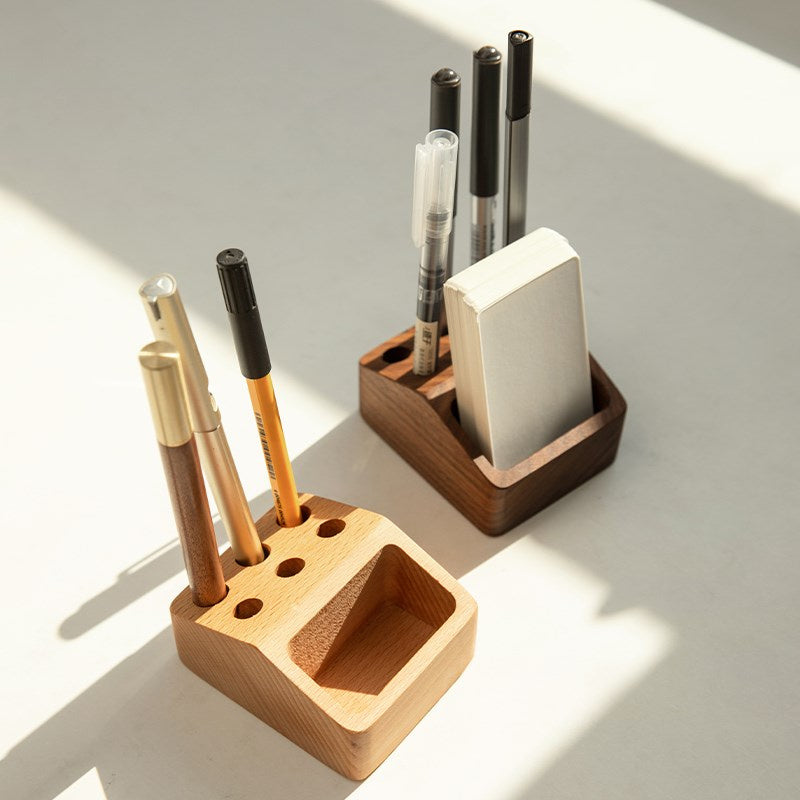 Wooden Desk Organizer with Pen Holders and Storage Compartment
