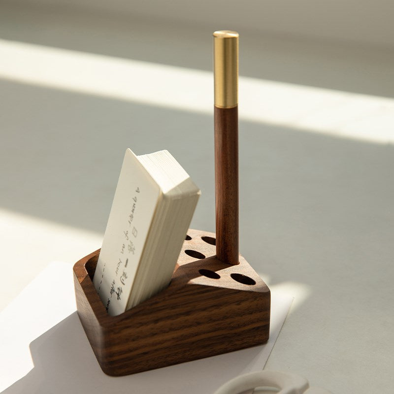 Wooden Desk Organizer with Pen Holders and Storage Compartment