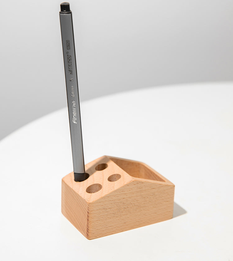 Wooden Desk Organizer with Pen Holders and Storage Compartment