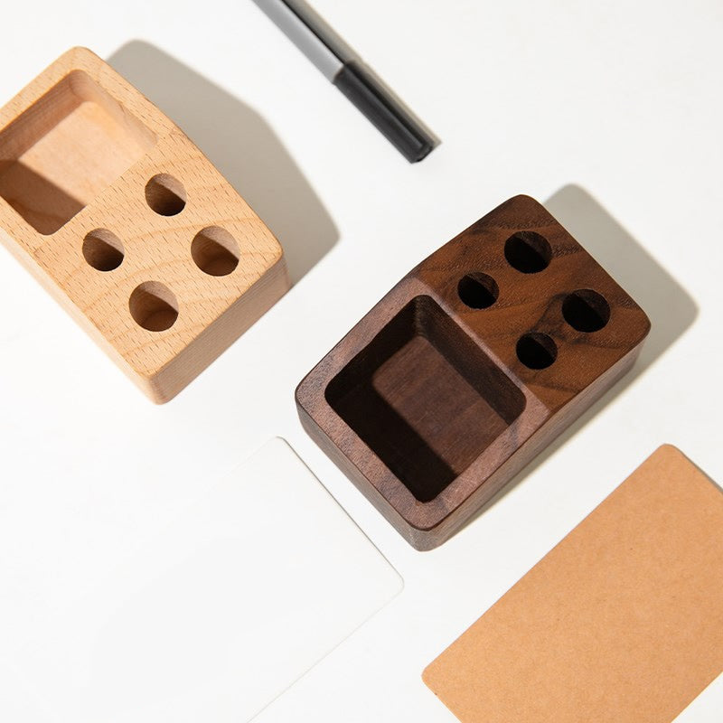 Wooden Desk Organizer with Pen Holders and Storage Compartment