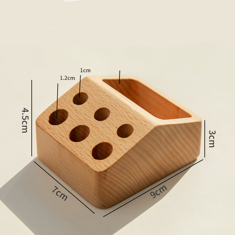 Wooden Desk Organizer with Pen Holders and Storage Compartment