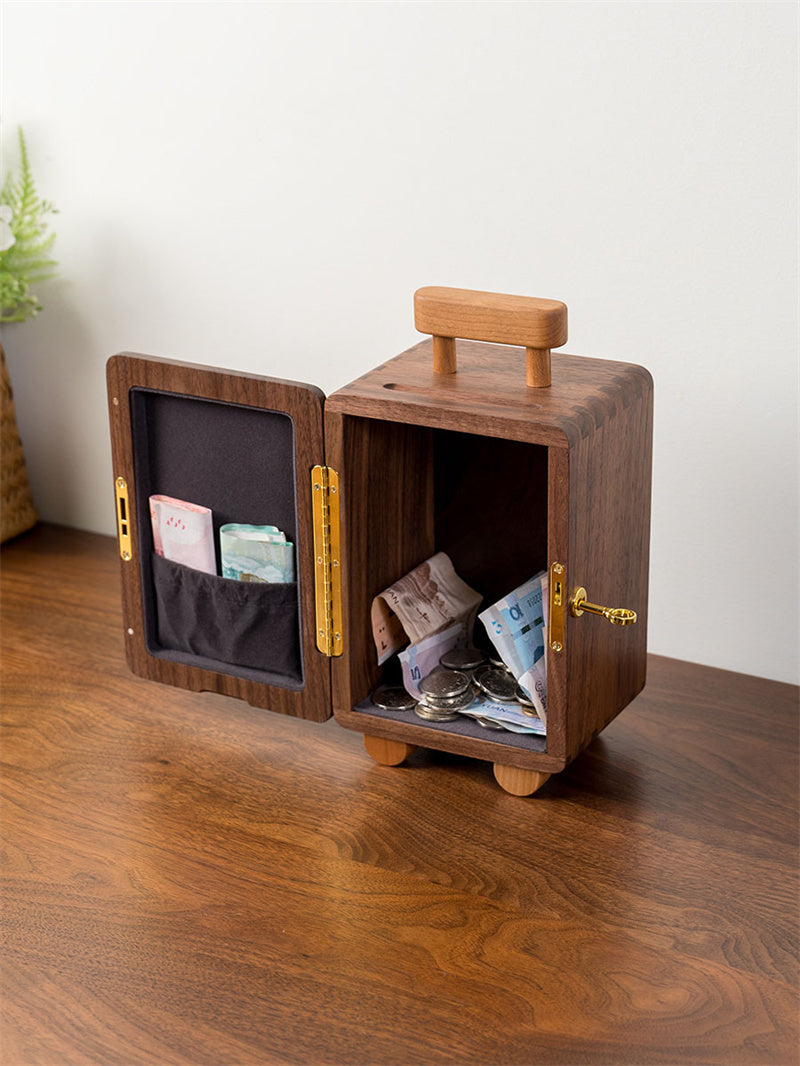 Wooden Piggy Bank with Lock and Handle, Portable Cash & Coin Storage Box